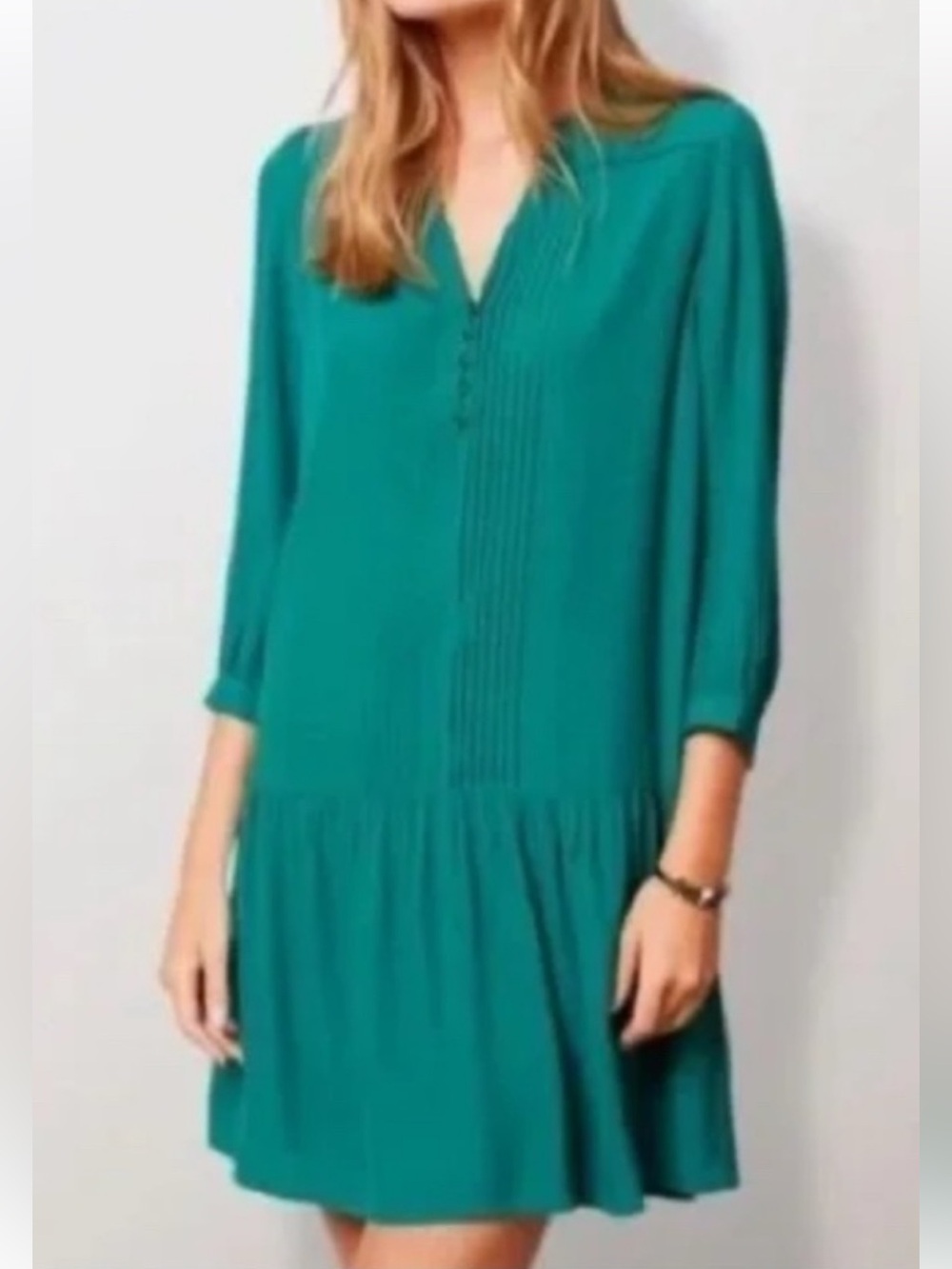 Maeve Teal V-Neck Pintuck Mini Dress Size   M